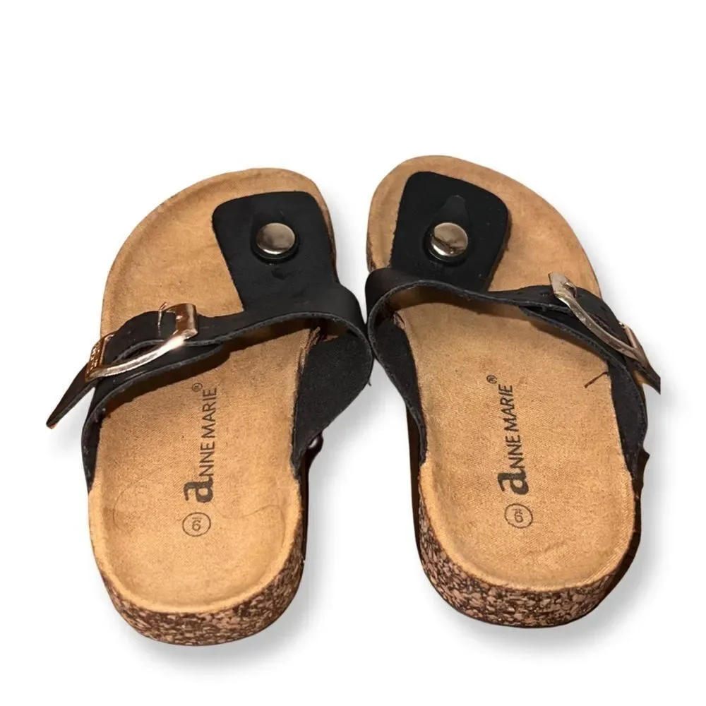 Anne Marie Little Kid Like Birkenstock Sandals Black  Faux Leather Tan Cork Heel